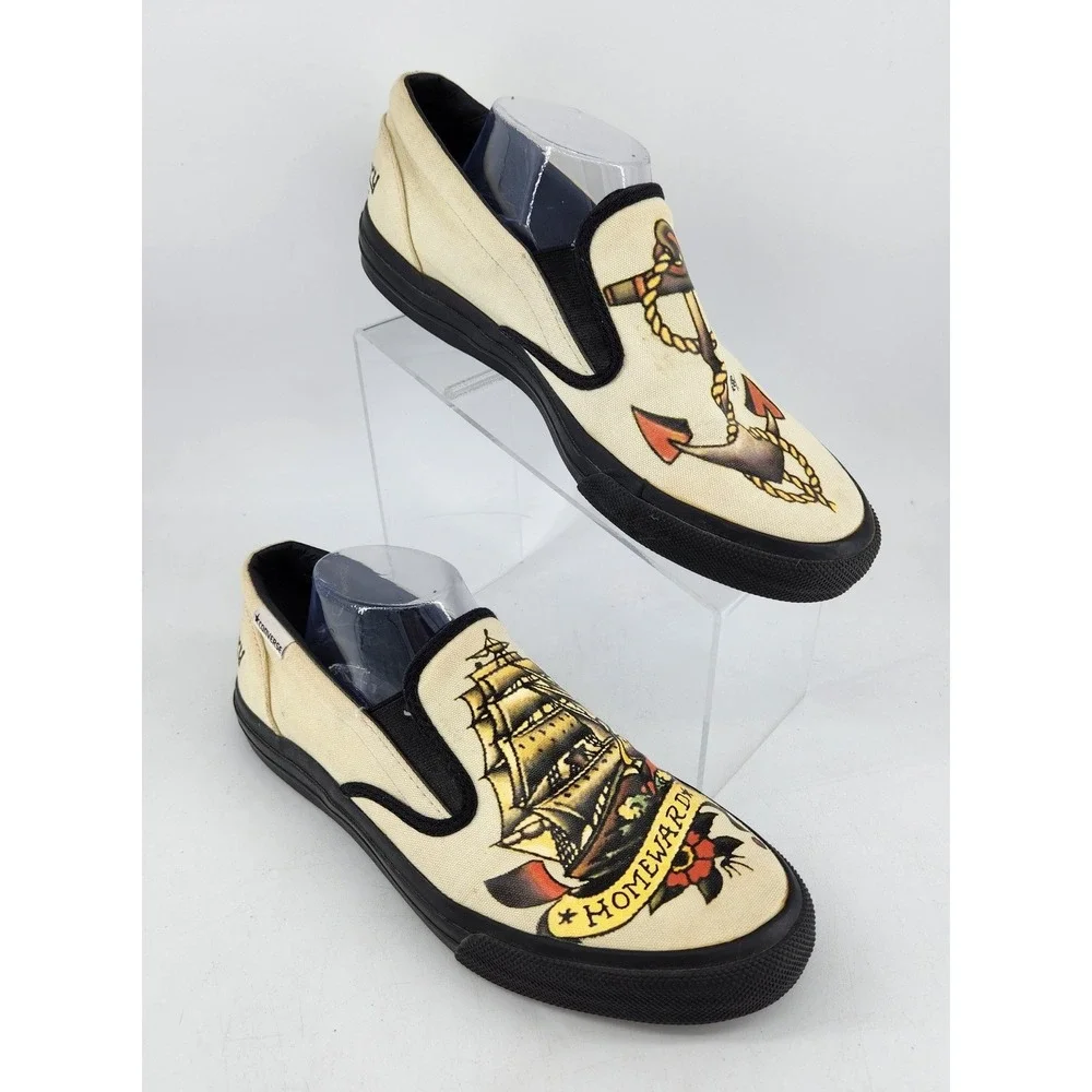 Converse Sailor Jerry Slip On Skidgrip Shoes Mens 10 Cream Tattoo Design Anchor